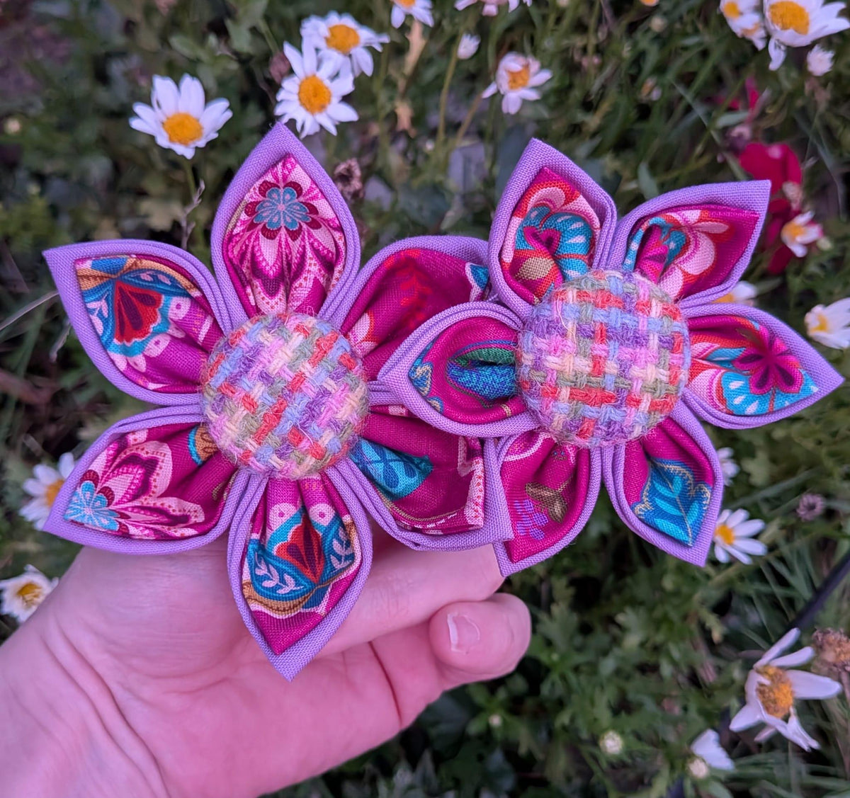 Wild Bloom Harris Tweed & Cotton Blend Dog Collar Flower